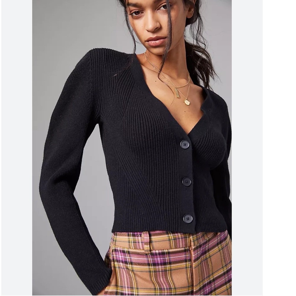 Maeve by Anthropologie Black Ribbed Cropped Cardigan Puff Sleeve M Minimalist